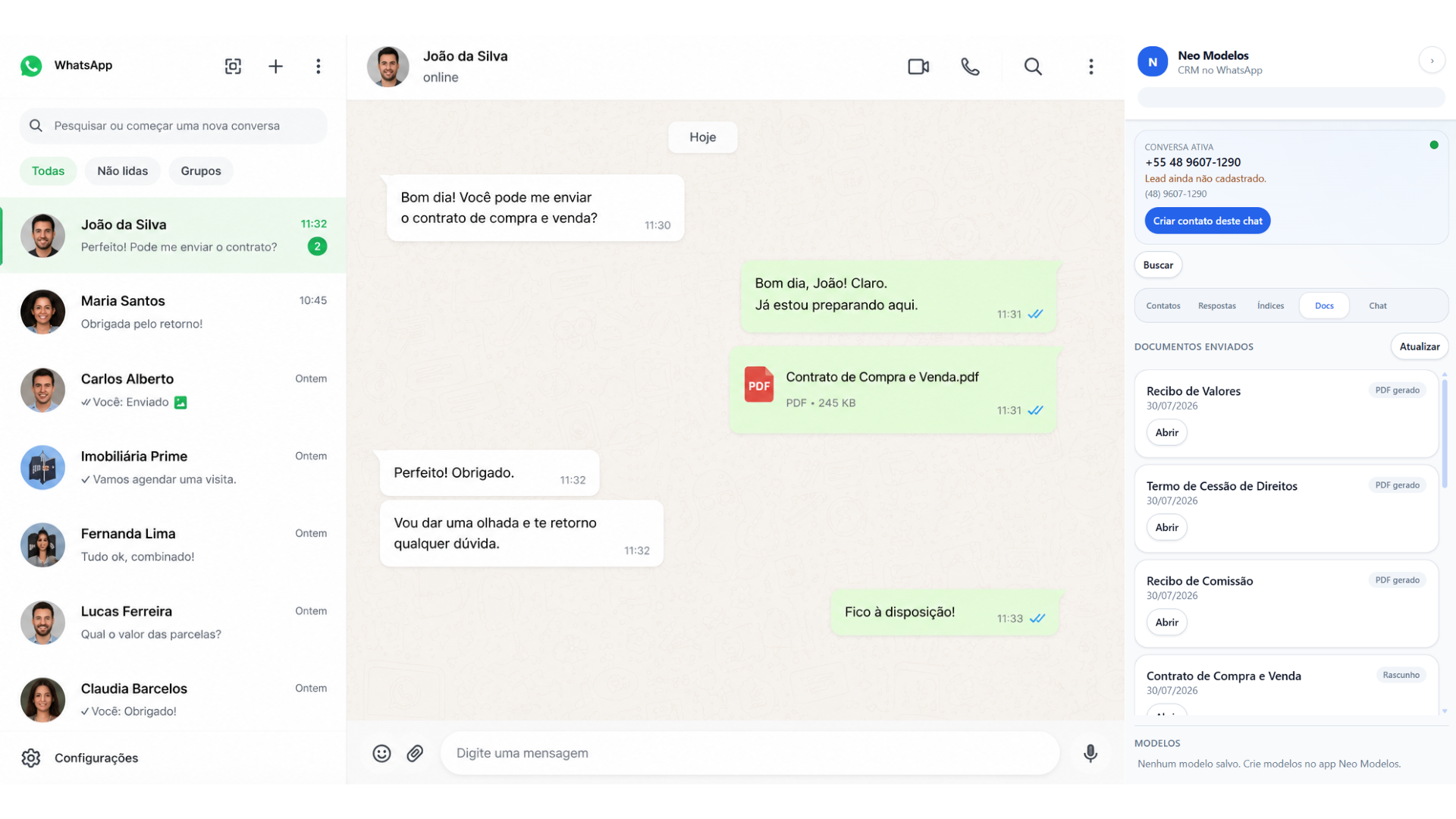 Sidebar do Neo integrada ao WhatsApp Web